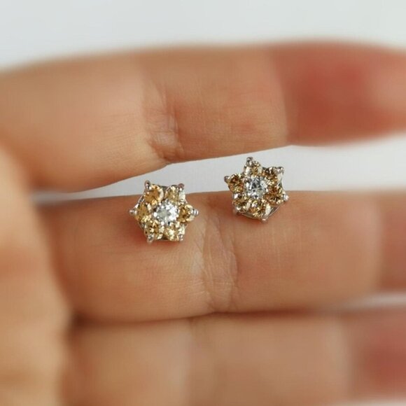 NEW Imperial Topaz cubic zirconia flower stud earrings 14k white gold overlay - Picture 4 of 6